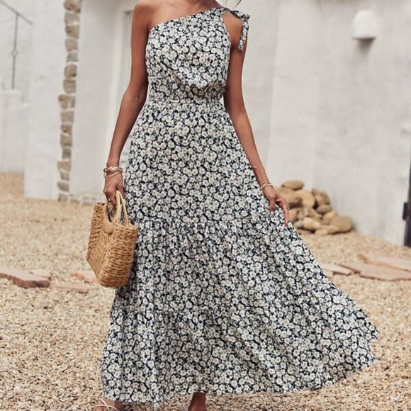 Allover Floral One Shoulder A-line Dress - Picture 2 of 11